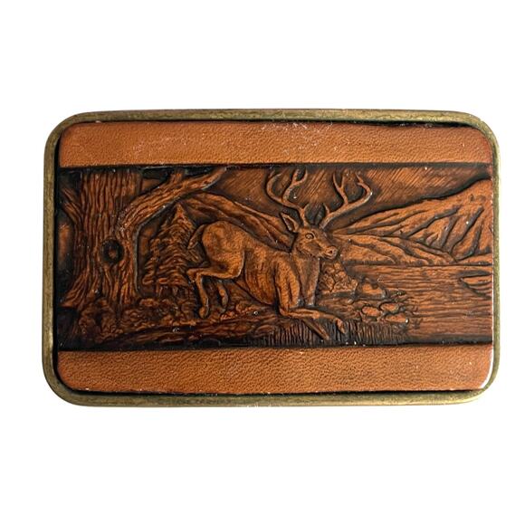 Century Canada Brown Leather Belt Buckle - Deer/Buck Vintage Tooled Stamped - Picture 1 of 4